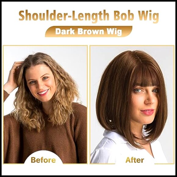 Synthetic Bob Wig with Bangs Heat Resistant Adjustable Cap Medium Length